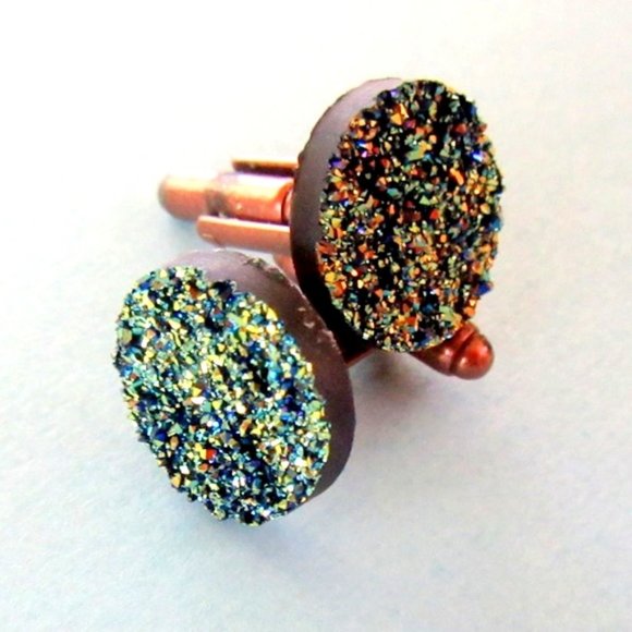 Faux druzi stone blue green cufflinks in copper setting - unisex cuff links - Picture 2 of 6